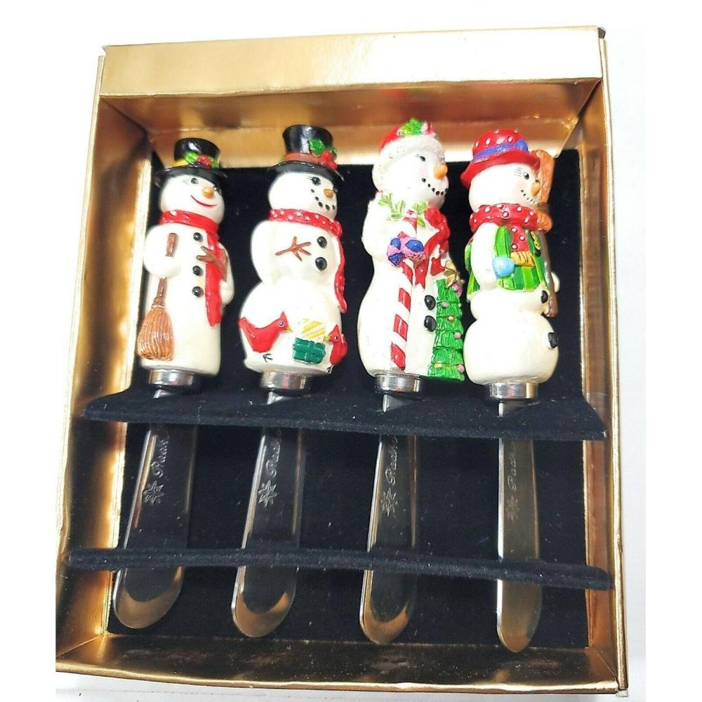 4 Christopher Radko Holiday Snowman Pate Cheese Knives Spreaders entertaining